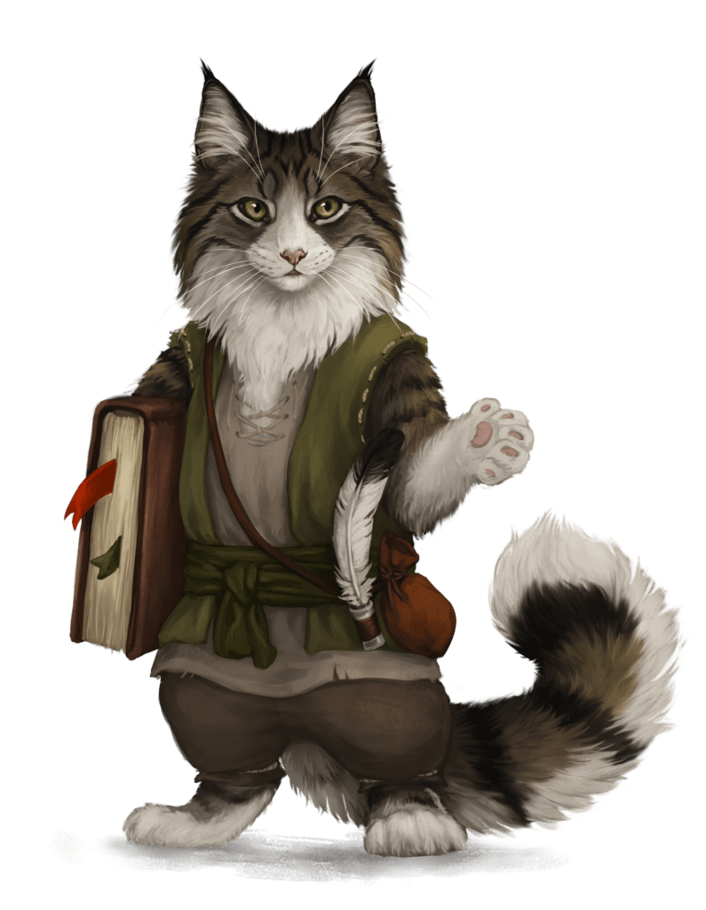 aufrecht stehende Katze in Kleidung, mit einem großen Buch unter dem Arm und einer Schreibfeder am Gürtel