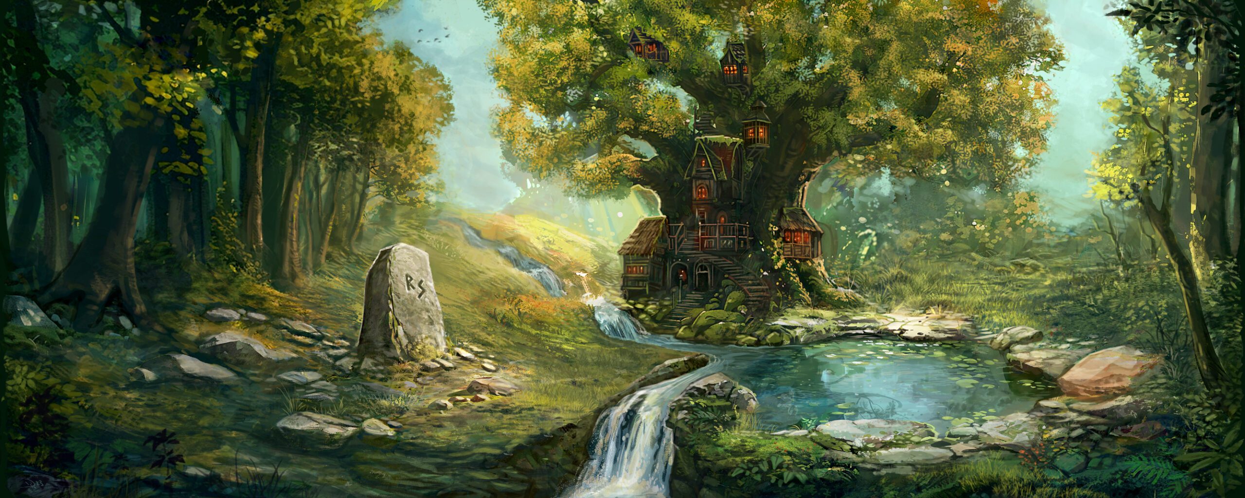 Waldlichtung mit Baumhaus im Hintergrund, einen großer Stein mit Runen beschriftet steht links neben einem kleinen See, durch den ein kleiner Bach fließt.